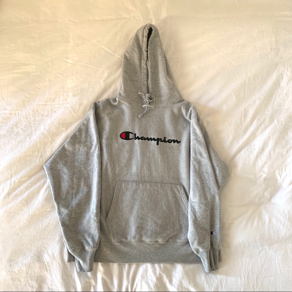 Champion Reverse Weave Logo Script Hoodie- Grey - Picture 3 of 4